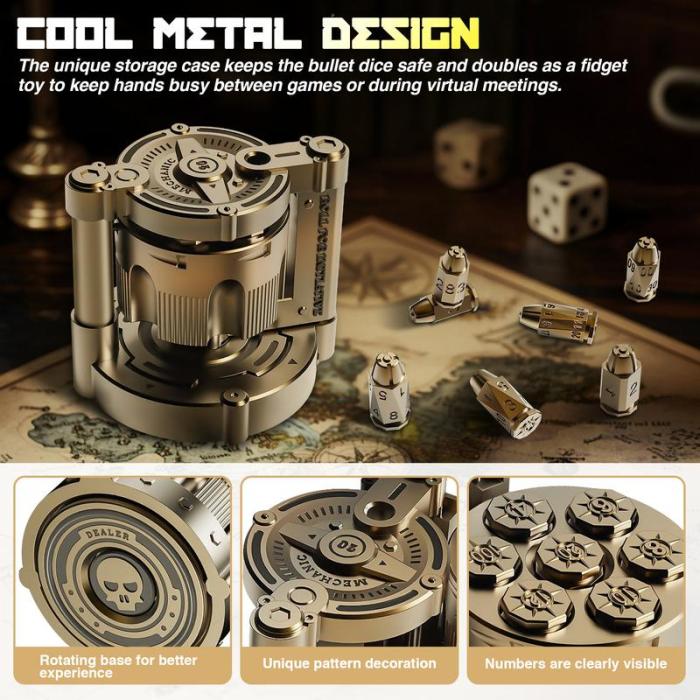 Golden Metal Polyhedral Dice Set Toy of 7 with Spinning, Wheel Cylinder Container Metal Dice Set for DND,Cyberpunk Style Dice,Warhammer 40K,Sci-Fi,Adventure,or Mystery Theme Tabletop Games