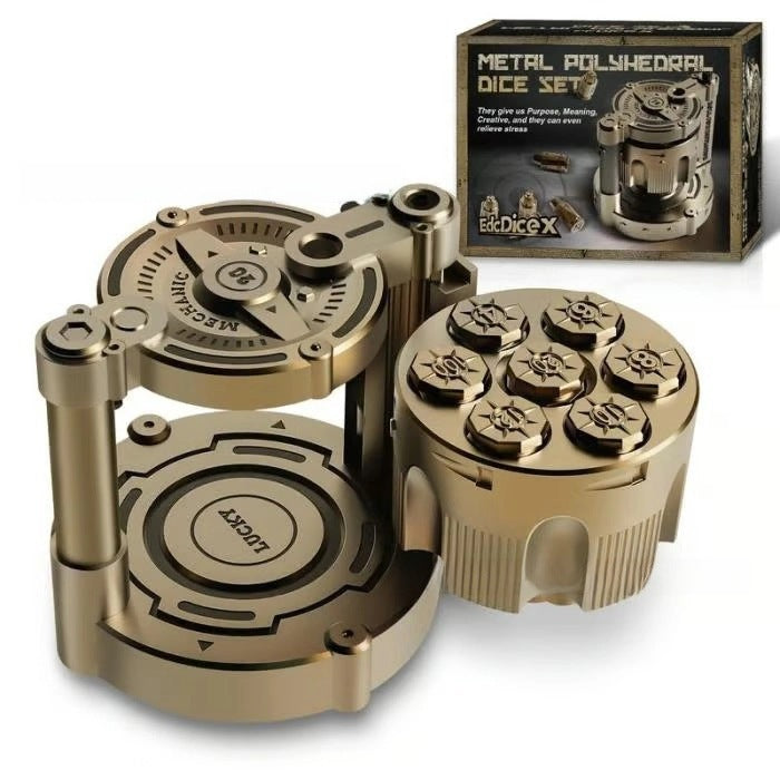 Golden Metal Polyhedral Dice Set Toy of 7 with Spinning, Wheel Cylinder Container Metal Dice Set for DND,Cyberpunk Style Dice,Warhammer 40K,Sci-Fi,Adventure,or Mystery Theme Tabletop Games