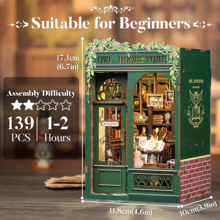 【OWL BOOKSTORE】DIY bookcase with LED lights,Creative DIY toys. Best Gift For Kids