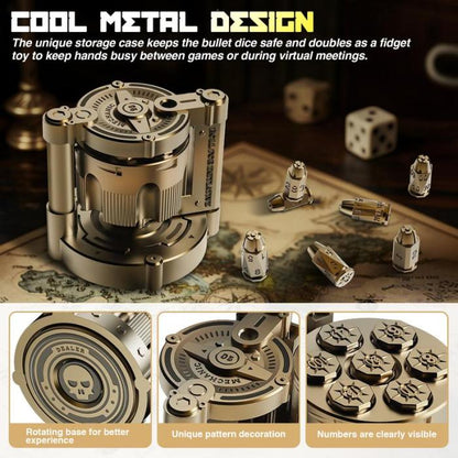 Golden Metal Polyhedral Dice Set Toy of 7 with Spinning, Wheel Cylinder Container Metal Dice Set for DND,Cyberpunk Style Dice,Warhammer 40K,Sci-Fi,Adventure,or Mystery Theme Tabletop Games