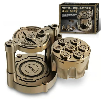 Golden Metal Polyhedral Dice Set Toy of 7 with Spinning, Wheel Cylinder Container Metal Dice Set for DND,Cyberpunk Style Dice,Warhammer 40K,Sci-Fi,Adventure,or Mystery Theme Tabletop Games