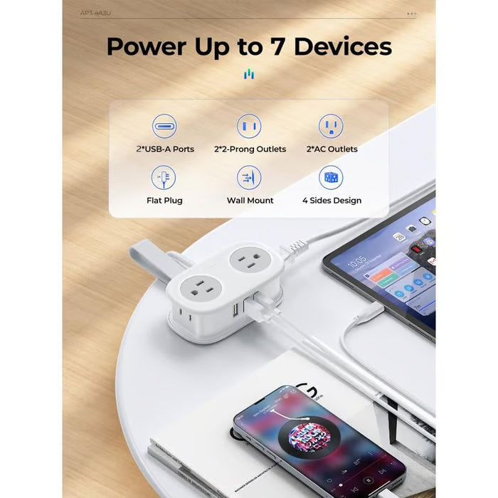 Travel Power Strip, 4 Outlets 2 USB Ports (1 USB C) with 4FT Wrapped Short Extension Cord Small Power Strip