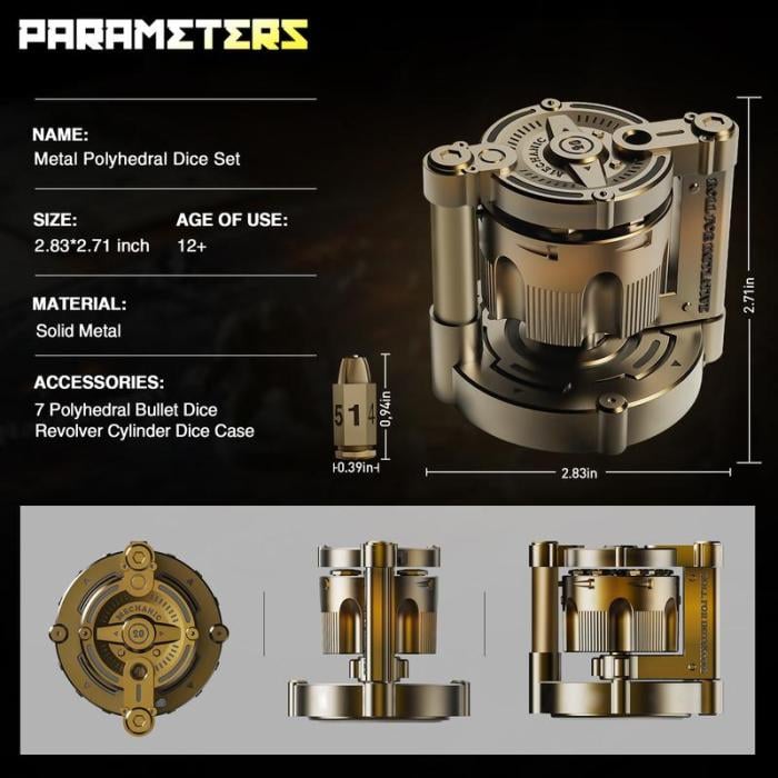 Golden Metal Polyhedral Dice Set Toy of 7 with Spinning, Wheel Cylinder Container Metal Dice Set for DND,Cyberpunk Style Dice,Warhammer 40K,Sci-Fi,Adventure,or Mystery Theme Tabletop Games