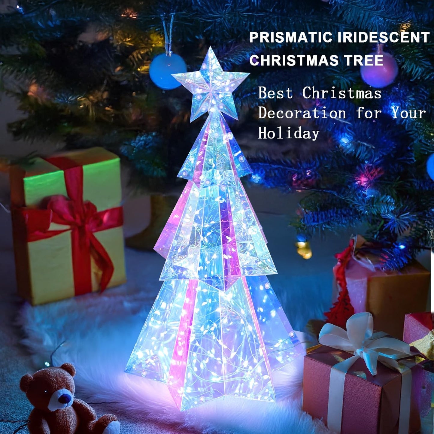 🎁Prismatic Iridescent Christmas Tree🌲Desktop Christmas Tree with LED Lights