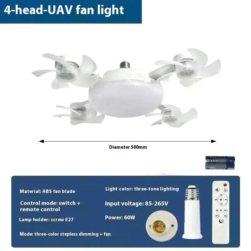 Drone Fan Integrated Light with E27 Screw Creative 3/4/5 Head Remote - Controlled - stavogue