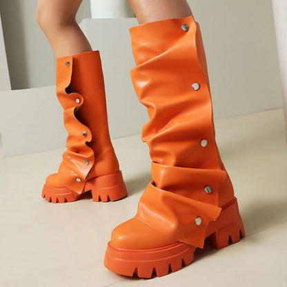 Fashion Boots for Women Round Toe Knee High Fold Over Slouchy Boot - stavogue