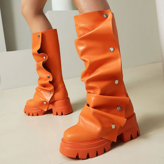 Fashion Boots for Women Round Toe Knee High Fold Over Slouchy Boot - stavogue