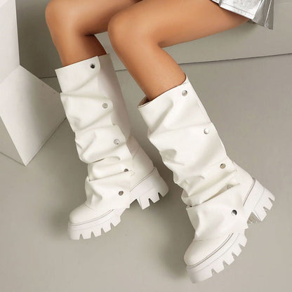 Fashion Boots for Women Round Toe Knee High Fold Over Slouchy Boot - stavogue