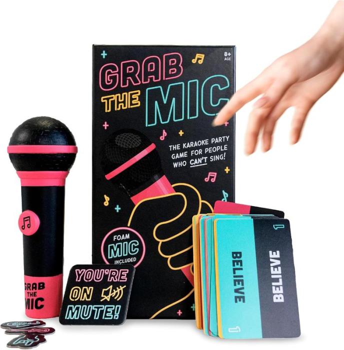 🎤Grab The Mic - Karaoke - Style Game with Microphone, 125 Word Cards, Game Board, Player Tokens - stavogue
