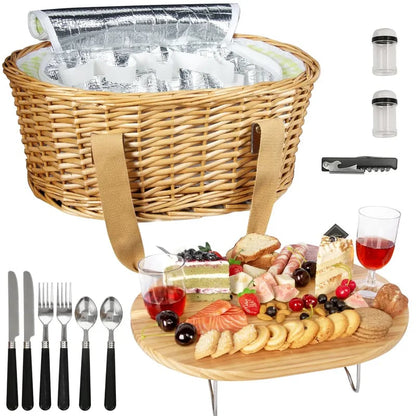 🔥Limited Time 50% OFF🔥Hap tim insulated wicker picnic basket with foldable wine table and tableware service set - stavogue