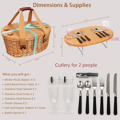 🔥Limited Time 50% OFF🔥Hap tim insulated wicker picnic basket with foldable wine table and tableware service set - stavogue