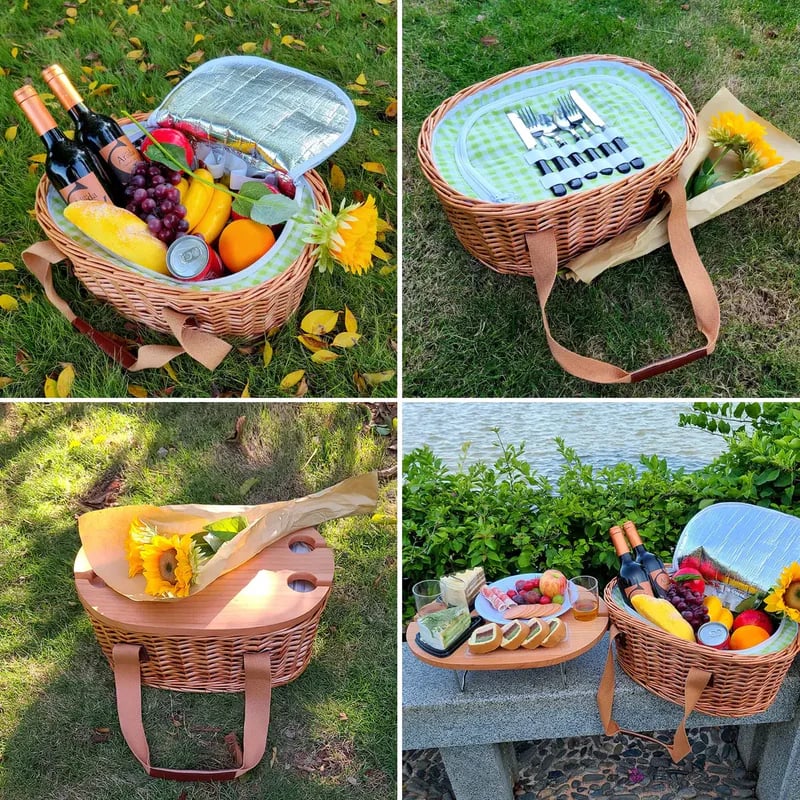 🔥Limited Time 50% OFF🔥Hap tim insulated wicker picnic basket with foldable wine table and tableware service set - stavogue