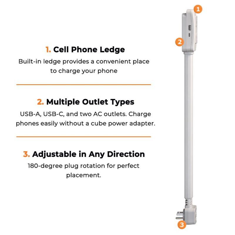 🔥Outlet Electrical Outlet Extender & 2 AC Outlets Extendable 43 - 62cm Rotatable 180° for Couches Desks Nightstands - stavogue