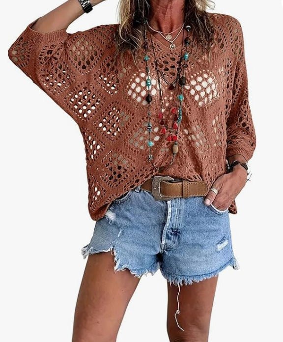 🔥Special Sale - 50% OFF🔥Women's Bohemian - Inspired Beige Crochet Top with V - Neck - stavogue