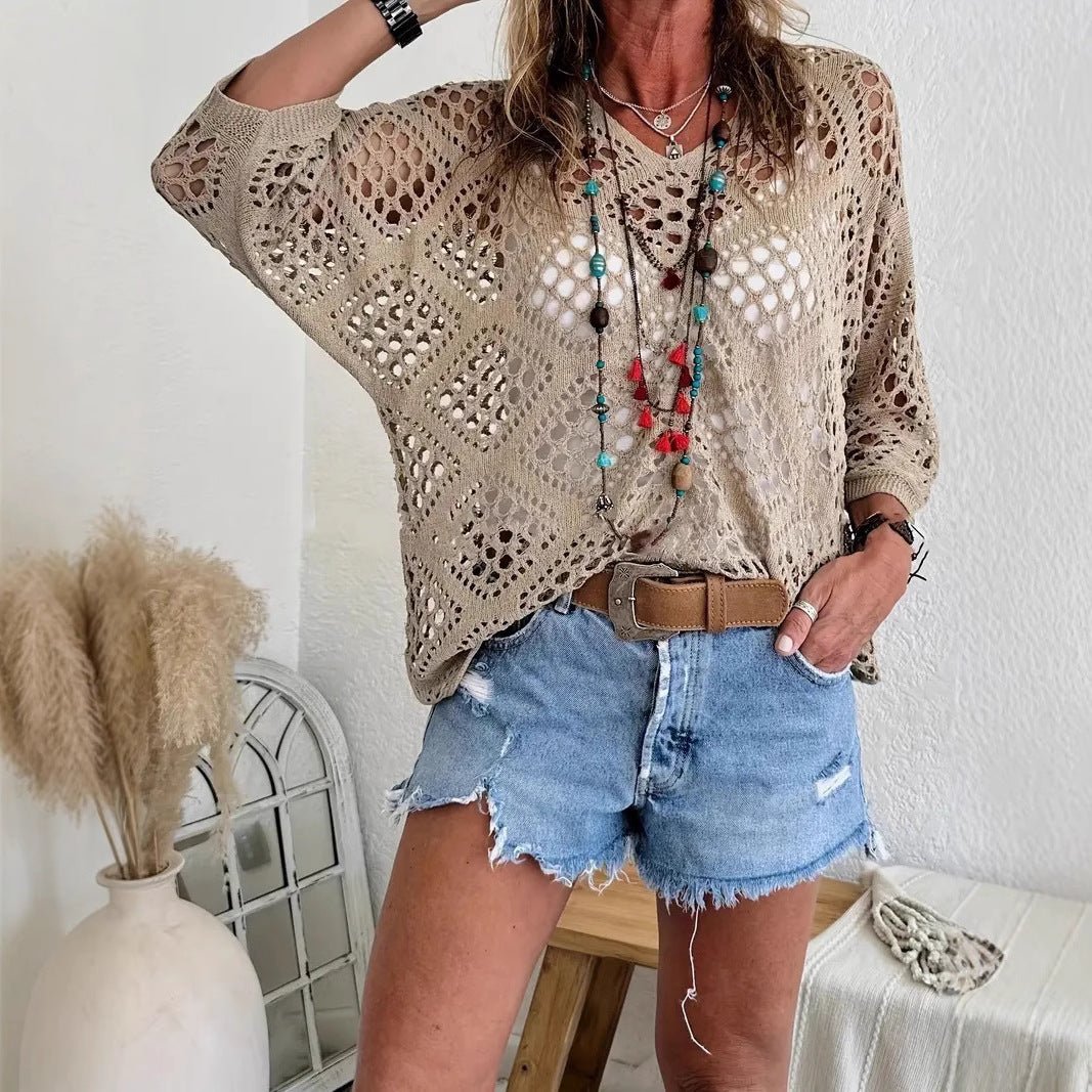 🔥Special Sale - 50% OFF🔥Women's Bohemian - Inspired Beige Crochet Top with V - Neck - stavogue