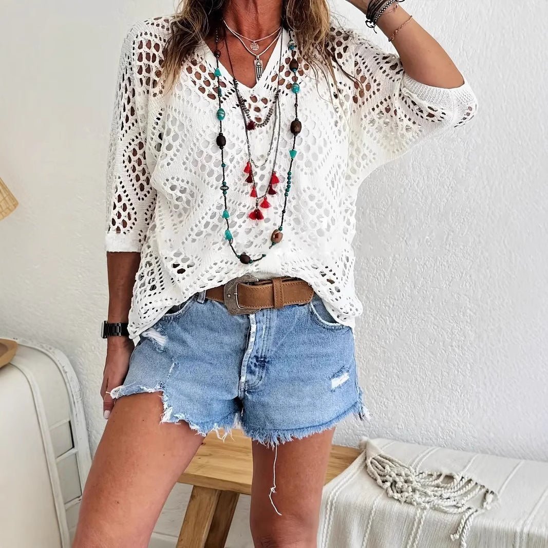 🔥Special Sale - 50% OFF🔥Women's Bohemian - Inspired Beige Crochet Top with V - Neck - stavogue
