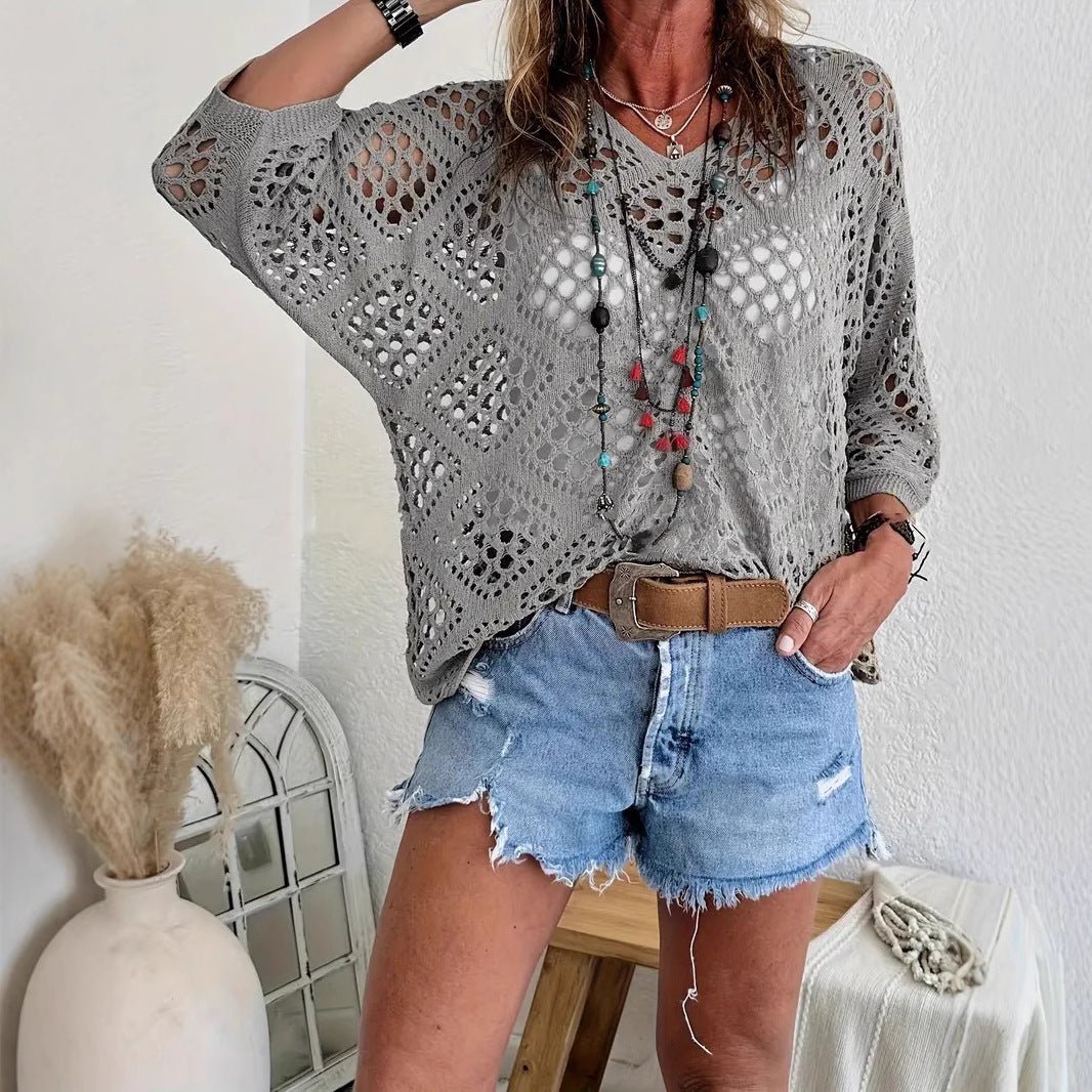 🔥Special Sale - 50% OFF🔥Women's Bohemian - Inspired Beige Crochet Top with V - Neck - stavogue