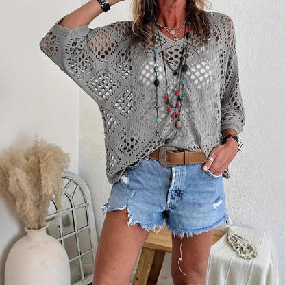 🔥Special Sale - 50% OFF🔥Women's Bohemian - Inspired Beige Crochet Top with V - Neck - stavogue