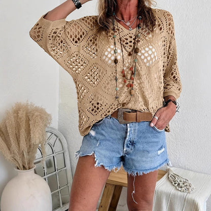 🔥Special Sale - 50% OFF🔥Women's Bohemian - Inspired Beige Crochet Top with V - Neck - stavogue