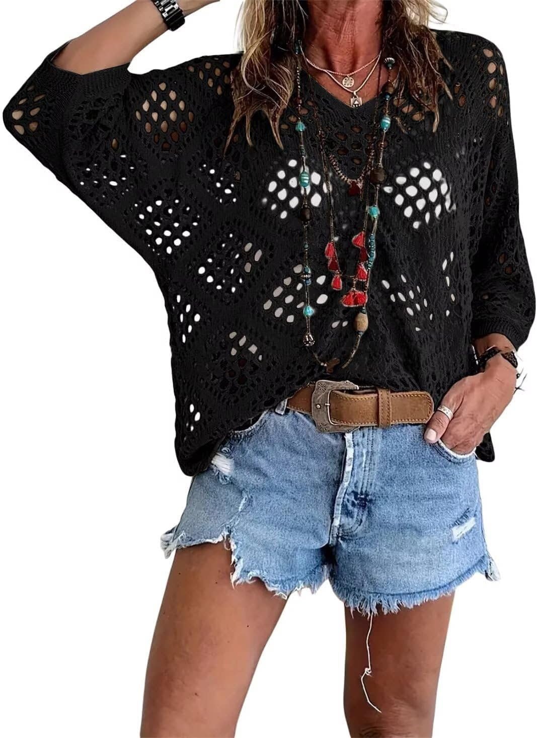 🔥Special Sale - 50% OFF🔥Women's Bohemian - Inspired Beige Crochet Top with V - Neck - stavogue