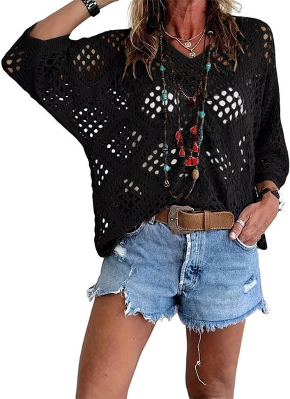 🔥Special Sale - 50% OFF🔥Women's Bohemian - Inspired Beige Crochet Top with V - Neck - stavogue