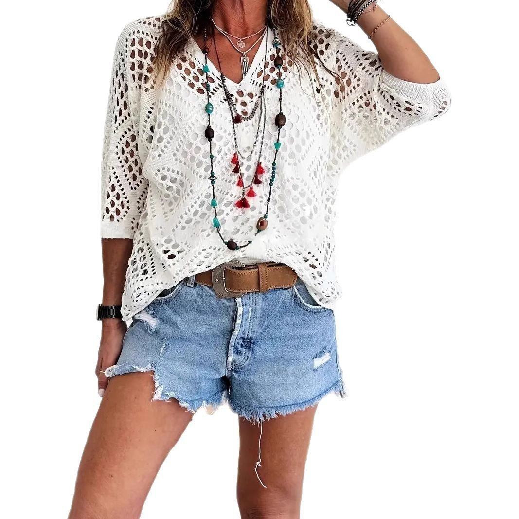 🔥Special Sale - 50% OFF🔥Women's Bohemian - Inspired Beige Crochet Top with V - Neck - stavogue