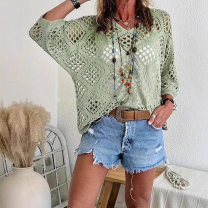 🔥Special Sale - 50% OFF🔥Women's Bohemian - Inspired Beige Crochet Top with V - Neck - stavogue