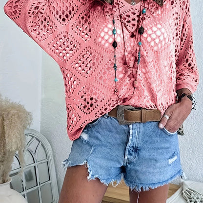🔥Special Sale - 50% OFF🔥Women's Bohemian - Inspired Beige Crochet Top with V - Neck - stavogue