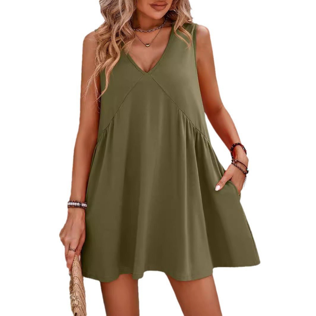 🔥Summer Special Sale💃Women's Summer Sleeveless Mini Dress Casual Loose V Neck Sundress with Pockets - stavogue