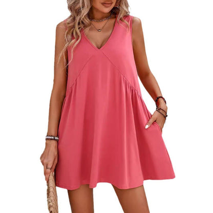 🔥Summer Special Sale💃Women's Summer Sleeveless Mini Dress Casual Loose V Neck Sundress with Pockets - stavogue