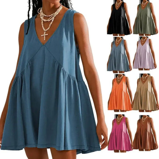 🔥Summer Special Sale💃Women's Summer Sleeveless Mini Dress Casual Loose V Neck Sundress with Pockets - stavogue