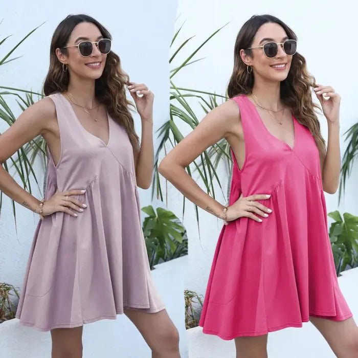 🔥Summer Special Sale💃Women's Summer Sleeveless Mini Dress Casual Loose V Neck Sundress with Pockets - stavogue
