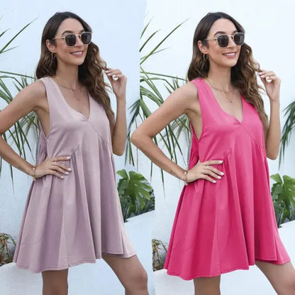 🔥Summer Special Sale💃Women's Summer Sleeveless Mini Dress Casual Loose V Neck Sundress with Pockets - stavogue