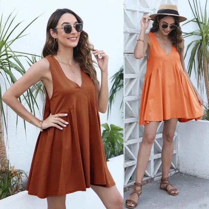 🔥Summer Special Sale💃Women's Summer Sleeveless Mini Dress Casual Loose V Neck Sundress with Pockets - stavogue
