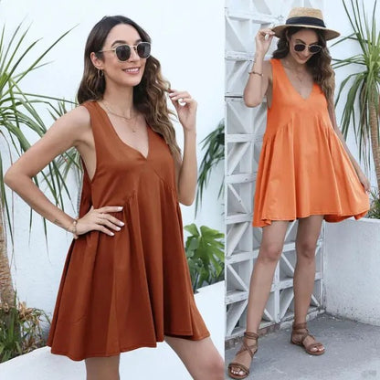 🔥Summer Special Sale💃Women's Summer Sleeveless Mini Dress Casual Loose V Neck Sundress with Pockets - stavogue